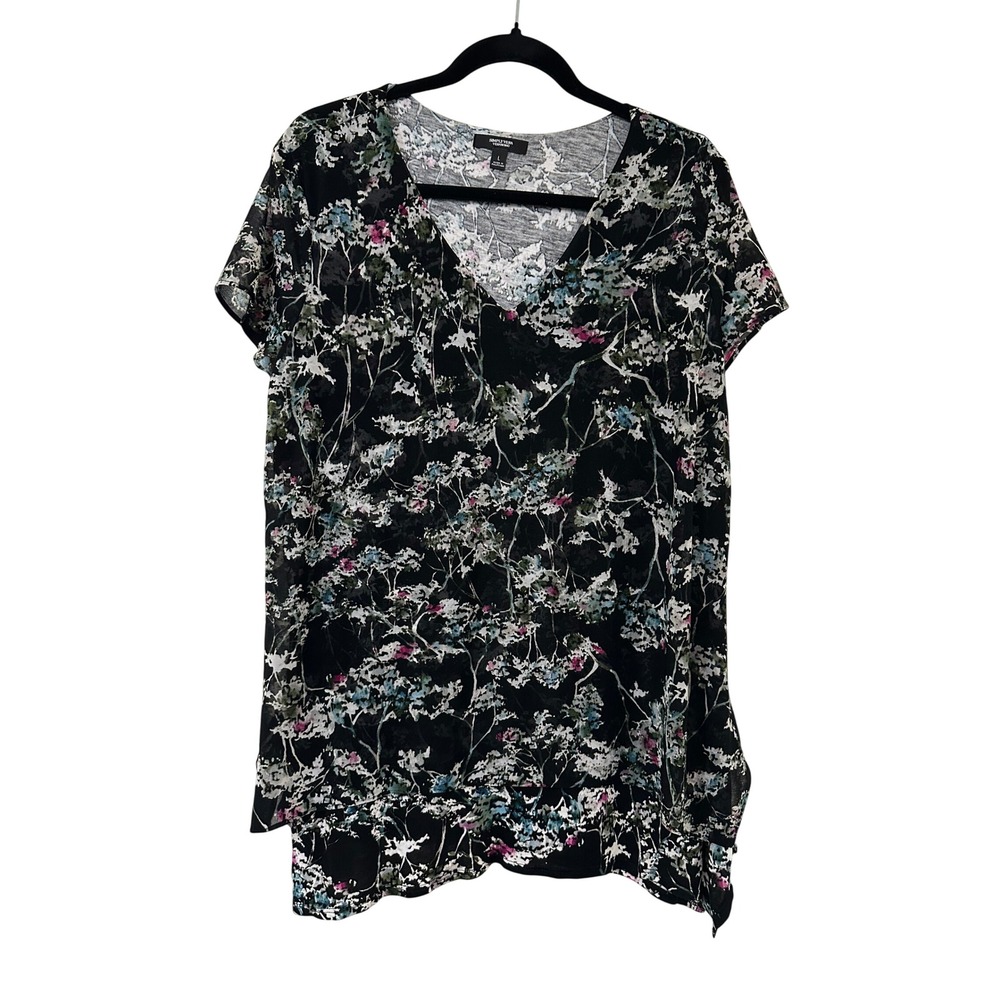 Simply Vera Vera Wang Dark Floral V-Neck Asymmetrical Hem Layered Top Size L